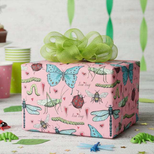 Cute Colourful Love Bug Insects Pink Wrapping Paper (Cute Pink Love Bug Girly Insect Wrapping Paper for Kids Birthday Party. Fun Bug Pattern for Children)