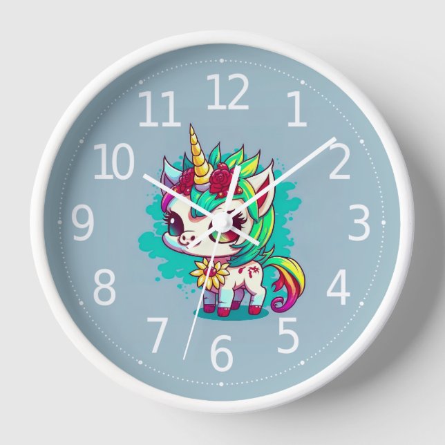 Cute Colourful Magical Creature Unicorn Artwork | Clock (Front)