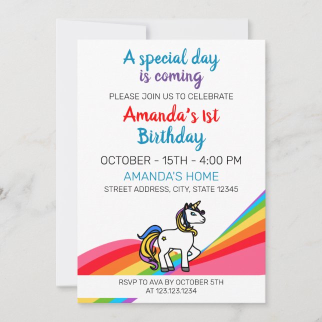 Cute Colourful Magical Rainbow Unicorn 1st Birthda Invitation (Front)