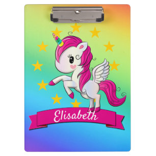 Cute Colourful Magical Unicorn Kids Name Clipboard