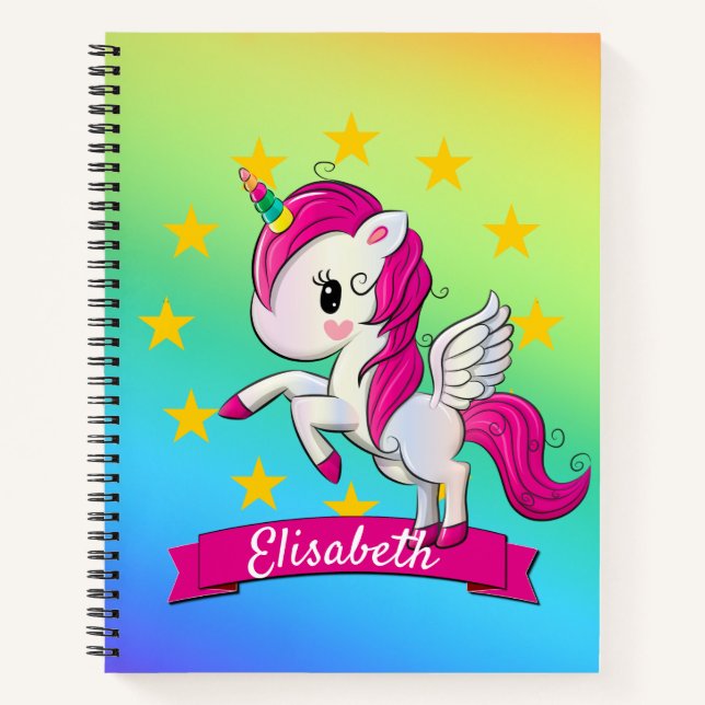 Cute Colourful Magical Unicorn Kids Name Notebook (Front)