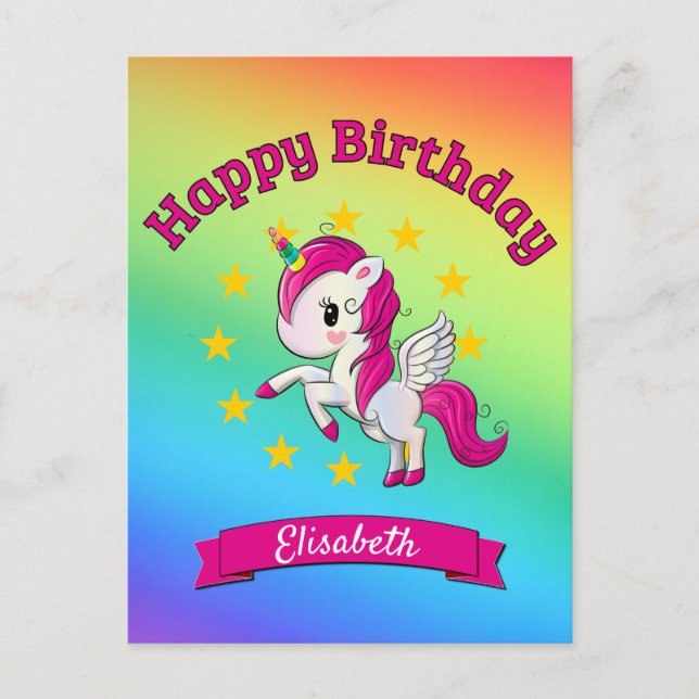 Cute Colourful Magical Unicorn Rainbow Kids Name Postcard (Front)
