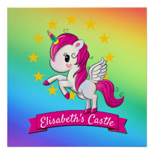 Cute Colourful Magical Unicorn Rainbow Kids Name Poster