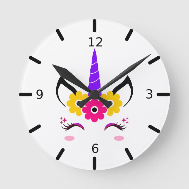 Cute Colourful Magical Unicorn Round Clock (Front)