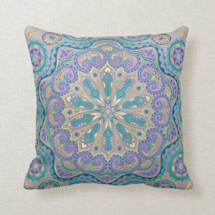 Cute Colourful Mandala In Purple Blue and Gold Cushion