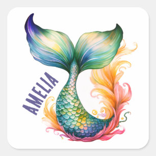 Cute Colourful Mermaid Ocean Girl Name  Square Sticker