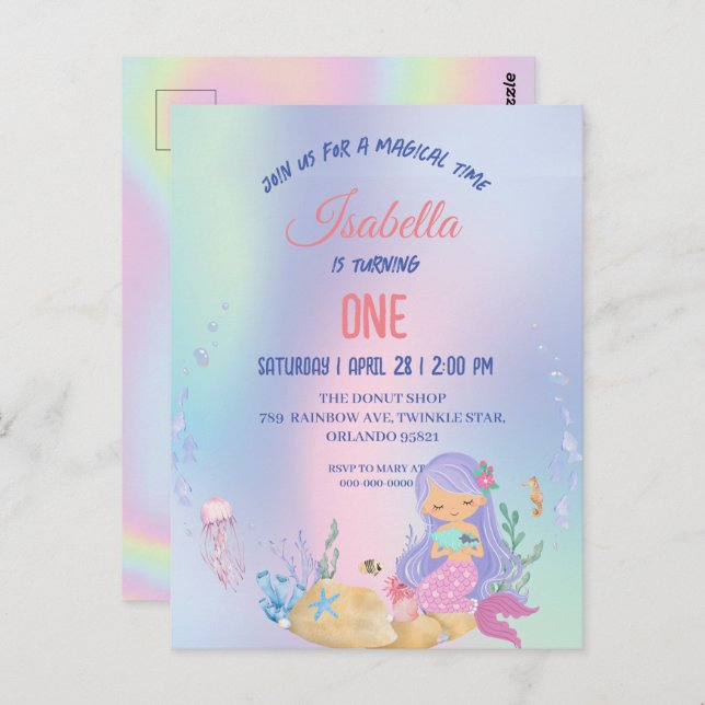 Cute Colourful mermaid Rainbow Birthday party kids Postcard (Front/Back)
