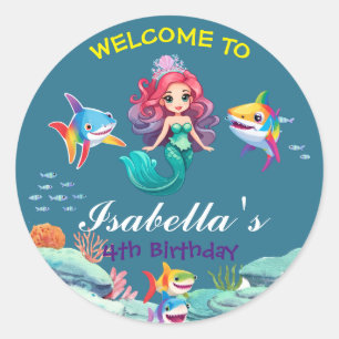 Cute Colourful mermaid shark rainbow Birthday kids Classic Round Sticker