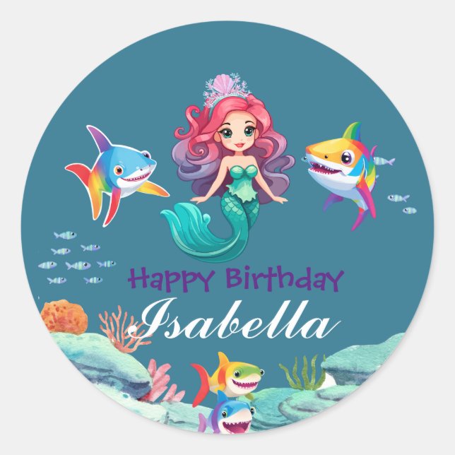 Cute Colourful mermaid shark rainbow Birthday kids Classic Round Sticker (Front)