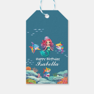Cute Colourful mermaid shark rainbow Birthday kids Gift Tags