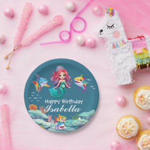 Cute Colourful mermaid shark rainbow Birthday kids Paper Plate