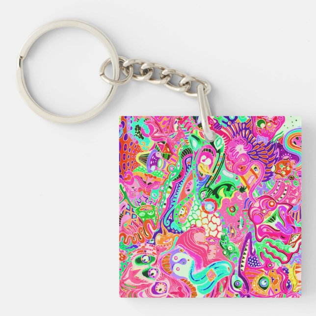 Cute colourful mixed abstract monsters key ring (Front)