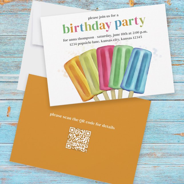 Cute Colourful Modern Birthday Popsicles QR Code Invitation (Creator Uploaded)