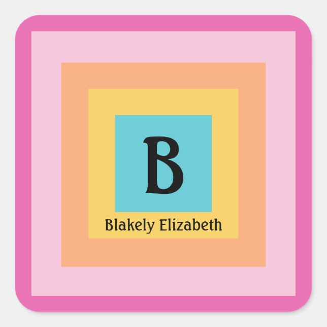 Cute & Colourful Monogram Letter Name Girly Fun Square Sticker (Front)