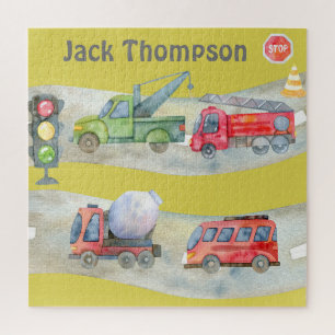 Cute colourful monogram watercolor Cars in trafic Jigsaw Puzzle