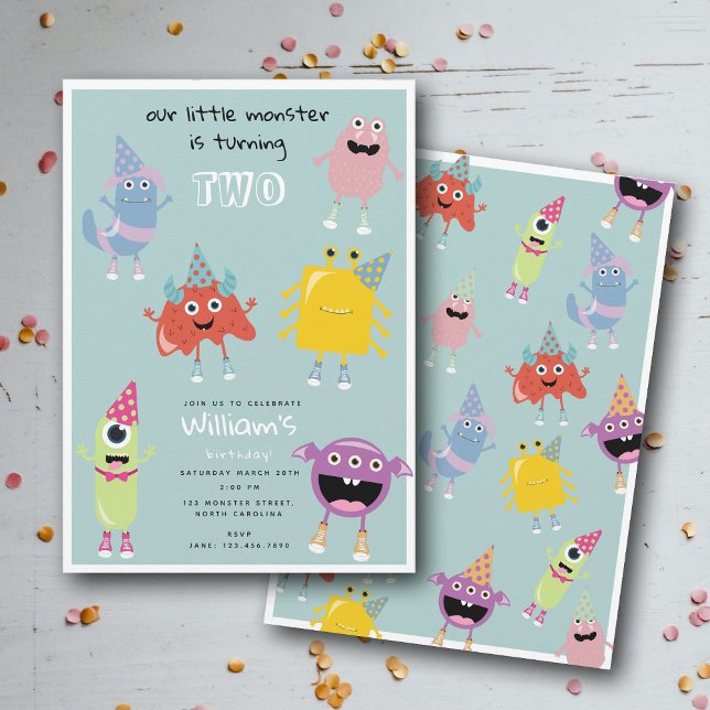 Cute Colourful Monsters Blue Boys Birthday Party Invitation (Cute Colorful Monsters Blue Boys Birthday Party Invitation)
