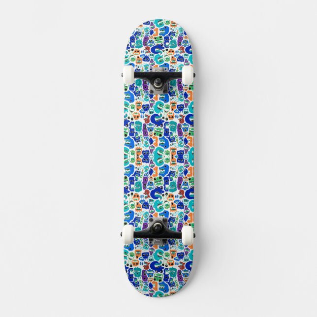 Cute colourful monsters face patterns skateboard (Front)