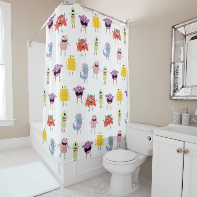 Cute Colourful Monsters Funny Kids Pattern Shower Curtain (In Situ)