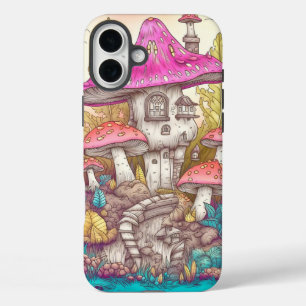 Cute Colourful Mushroom House Art iPhone 16 Plus Case