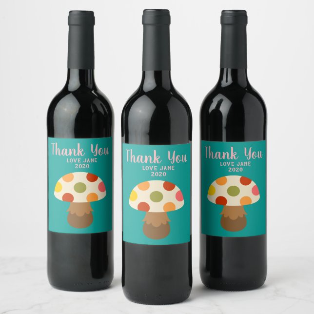 Cute colourful mushrooms wine label (Bottles)
