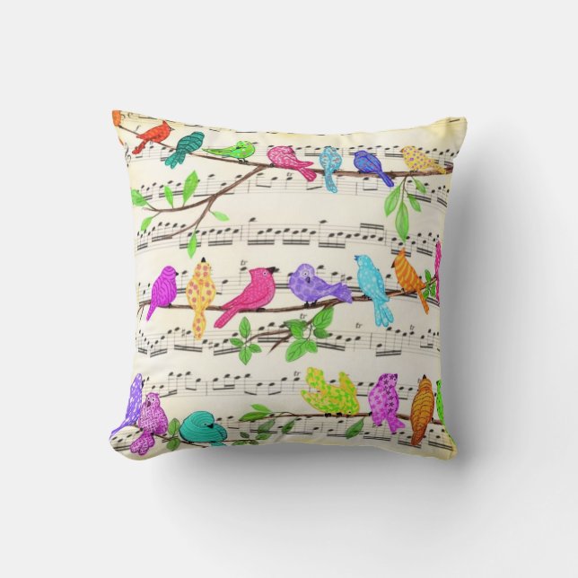 Cute Colourful Musical Birds Symphony - Happy Song Cushion (Front)