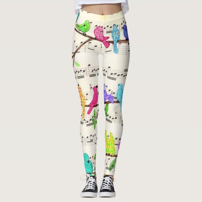Cute Colourful Musical Birds Symphony - Happy Song Leggings (Front)