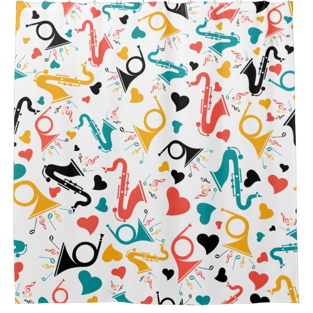 Cute Colourful Musical Instruments Hearts Pattern Shower Curtain (Front)