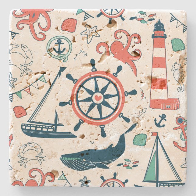 Cute Colourful Nautical Pattern Stone Coaster (Front)