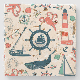 Cute Colourful Nautical Pattern With Boat Wheel Stone Coaster