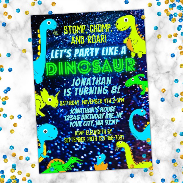 Cute Colourful Neon Dinosaur Boy Dino Birthday Invitation (Creator Uploaded)