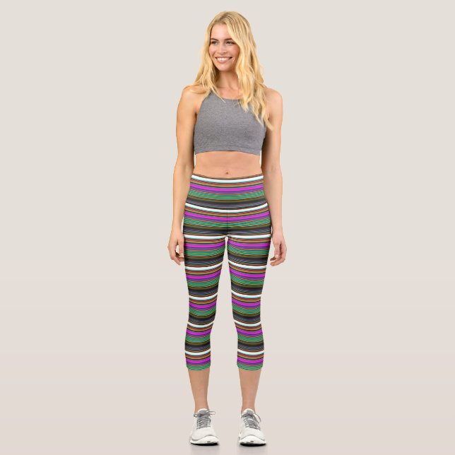 Cute colourful neon stripes capri leggings (Front)