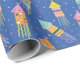 Cute Colourful New Year's Eve Fireworks blue Wrapping Paper