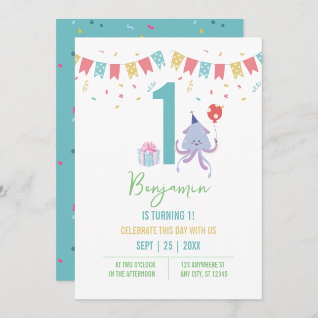 Cute Colourful Octopus Balloon Banners 1st Birthda Invitation (Front/Back)