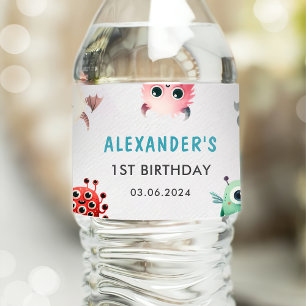 Cute Colourful Our Little Monster Birthday Party  Water Bottle Label