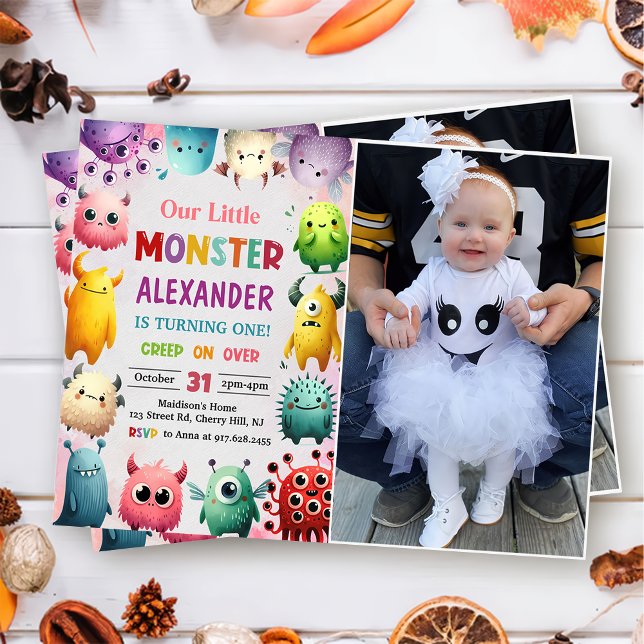 Cute Colourful Our Little Monster Birthday Photo  Invitation (Creator Uploaded)