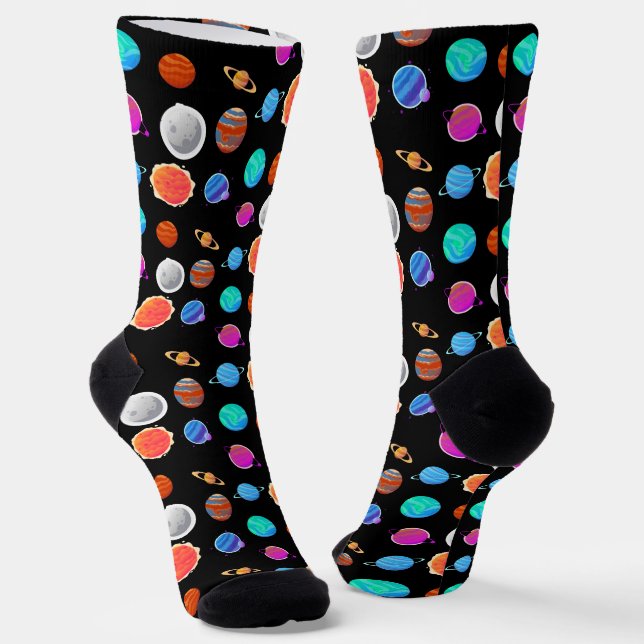 Cute Colourful outerspace Planets pattern black Socks (Angled)
