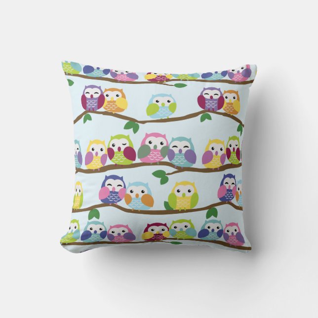 Cute Colourful Owl Branch Pattern Cushion (Front)