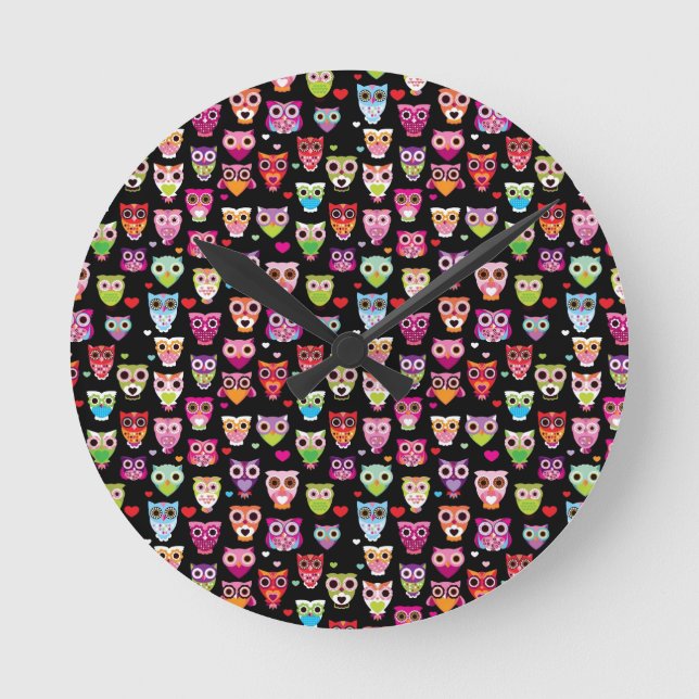 cute colourful owl kids pattern round clock (Front)