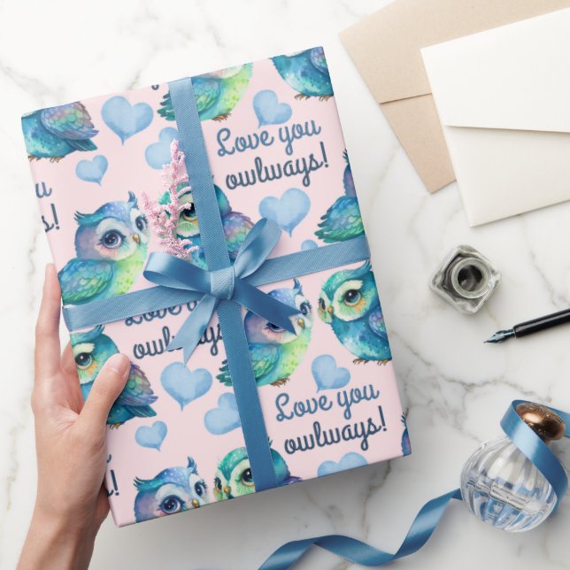 Cute Colourful Owl Love You Owlways Blush Wrapping Paper (Gifting)