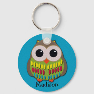 Cute Colourful Owl on Blue Personalised Keychain