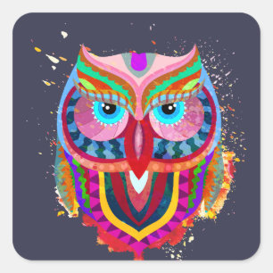 Cute Colourful Owl Square Stickers, Glossy Sticker