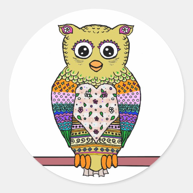 Cute Colourful Owl - white Classic Round Sticker (Front)