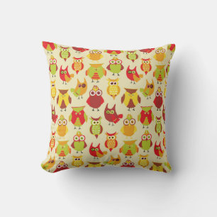Cute Colourful Owls in Warm Red and Green Cushion