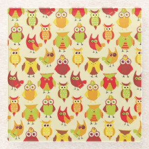 Cute Colourful Owls in Warm Red and Green Glass Coaster