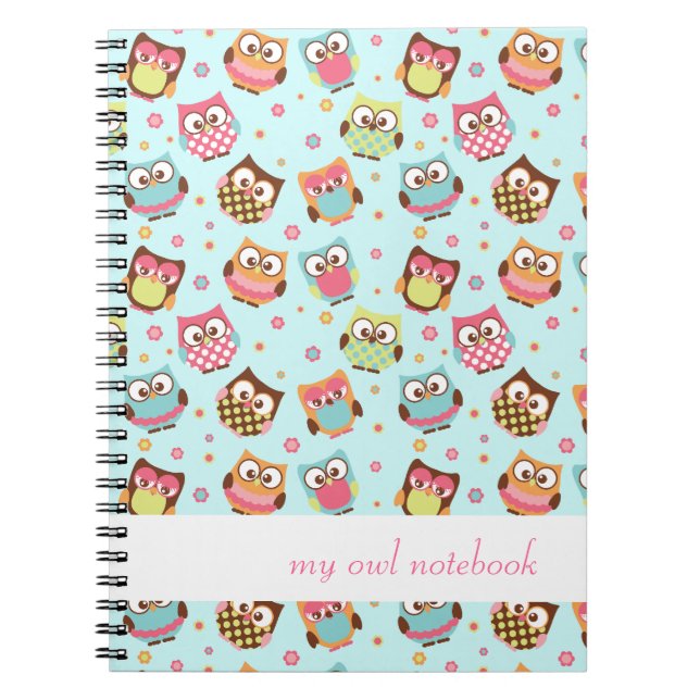 Cute Colourful Owls Notebook (teal) (Front)
