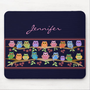 Cute colourful Owls on Brenches & Name Mousepad