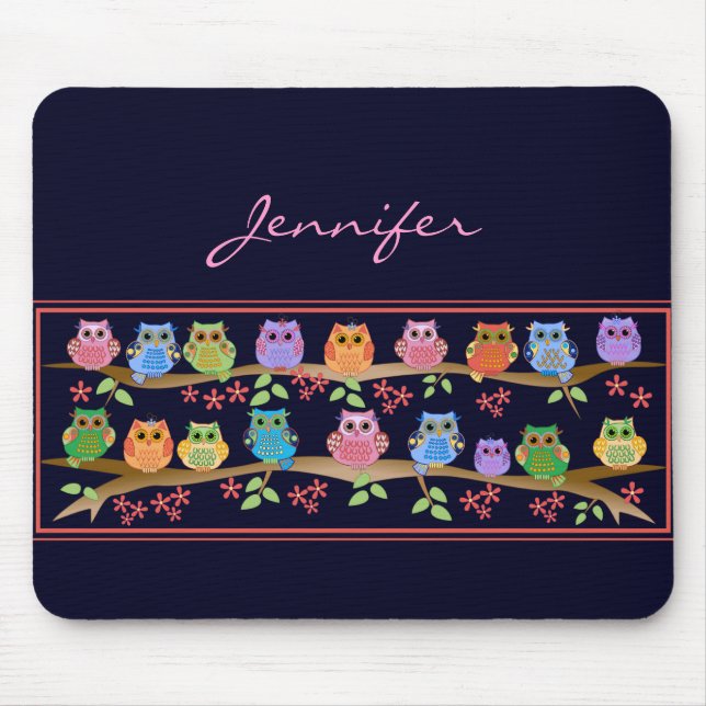 Cute colourful Owls on Brenches & Name Mousepad (Front)