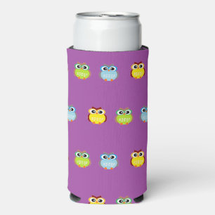 Cute colourful owls on purple seltzer can cooler