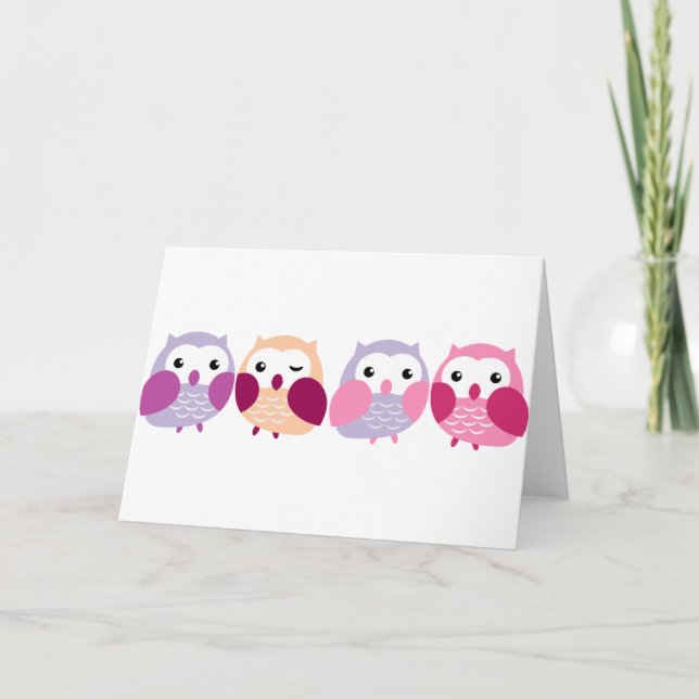 Cute Colourful Owls - Pink and Purple Pastels Holiday Card (Front)