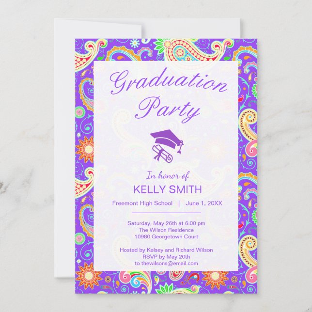 Cute colourful paisley pattern graduation party invitation (Front)